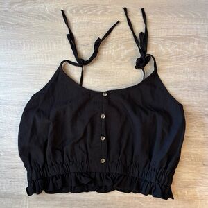 Hem & Thread Black Button Front Cotton Crop Top Tie Strap Ruffle Hem Boho Large
